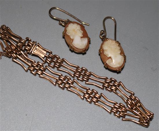 A 9ct gold gatelink bracelet and a pair of 9ct gold cameo earrings.